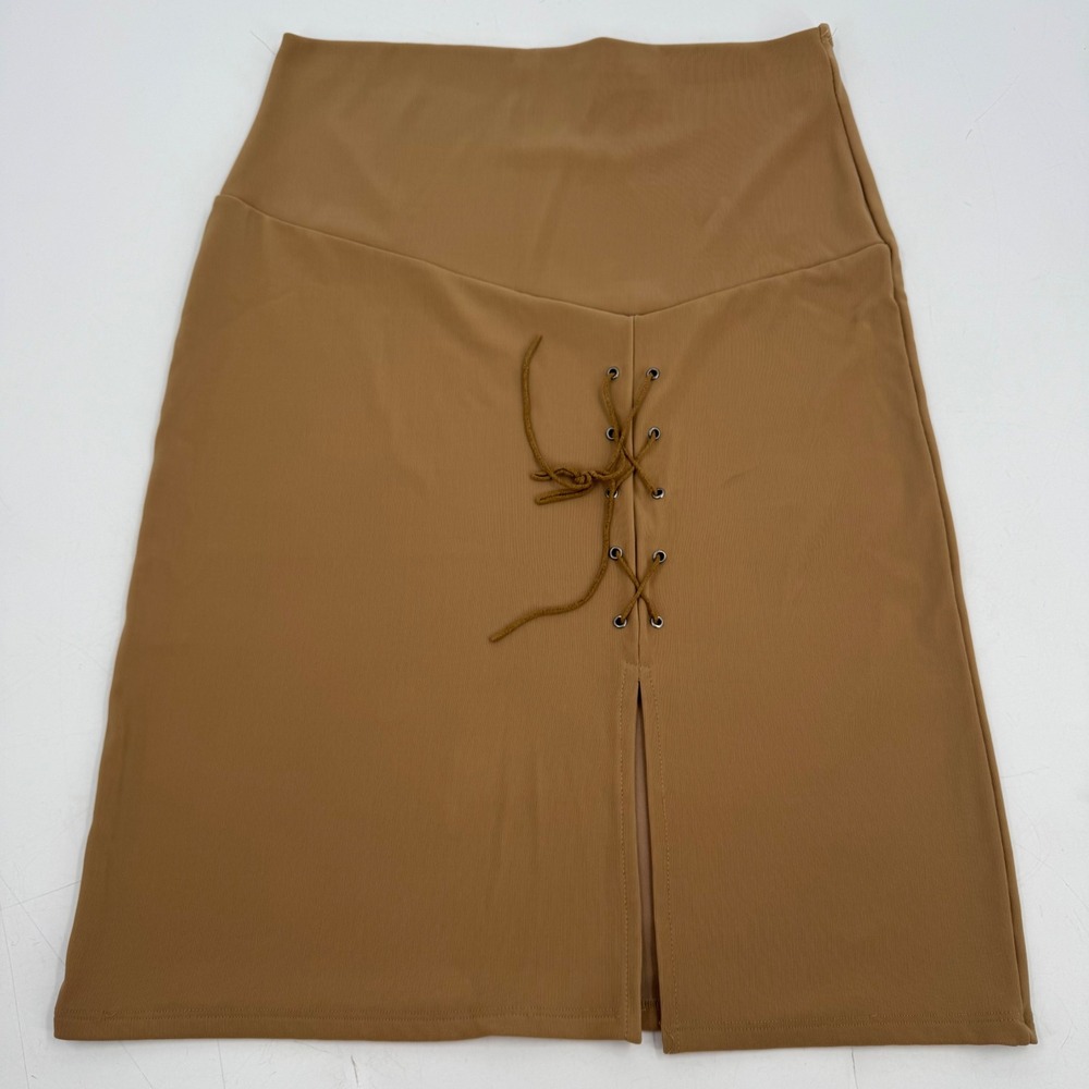 Nancy's Closet Tan Ribbed Knit Lace Up‎ Front Slit Skirt Womens Size L